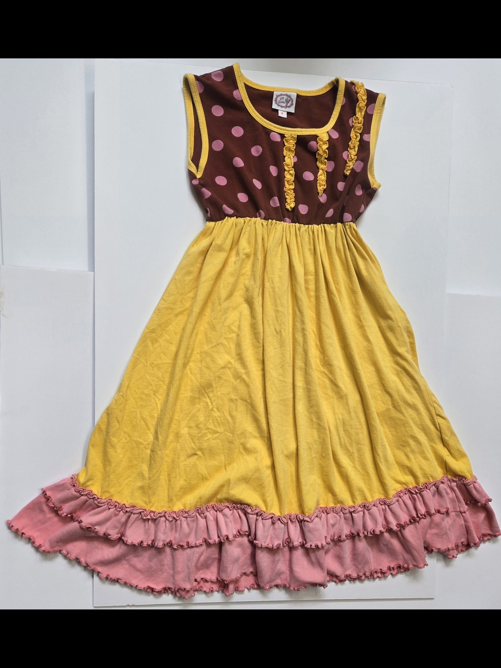 Little Lovebird Yellow & Brown Polka Dot Ruffle Dress